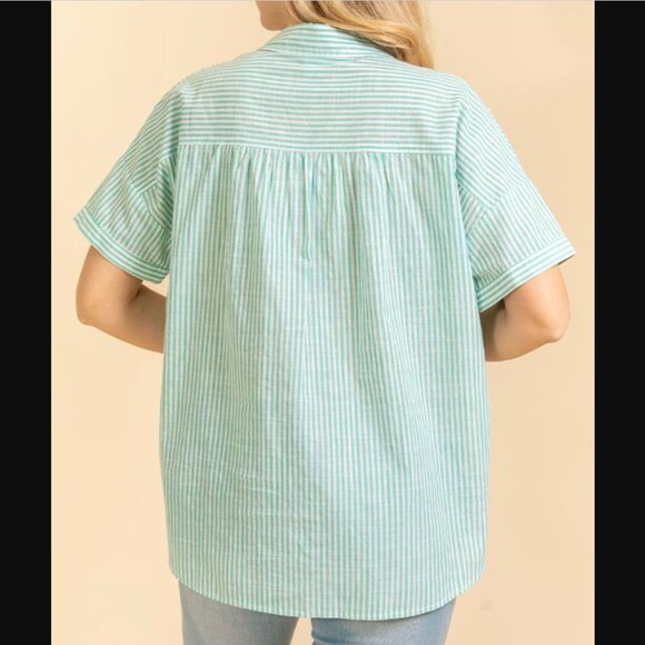 Green & Ivory Short Sleeve Stripes Collard Top - Picture 3 of 4